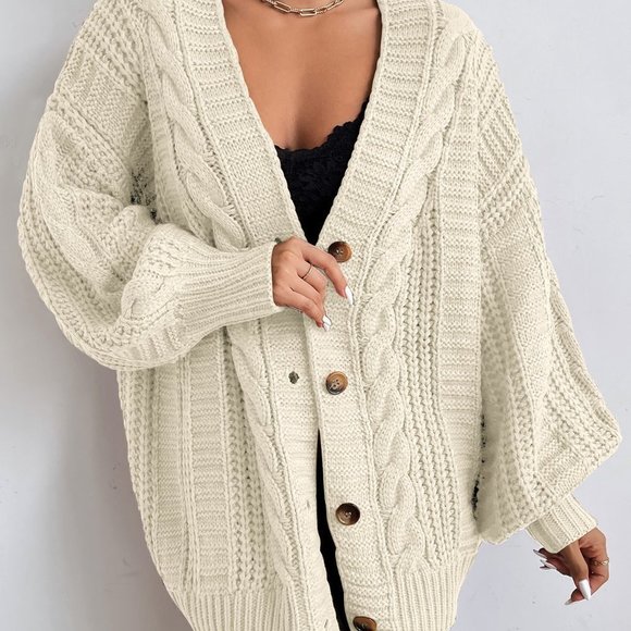 Beige Casual Womens Solid Button Front Cable Knit Cardigan - Picture 5 of 5